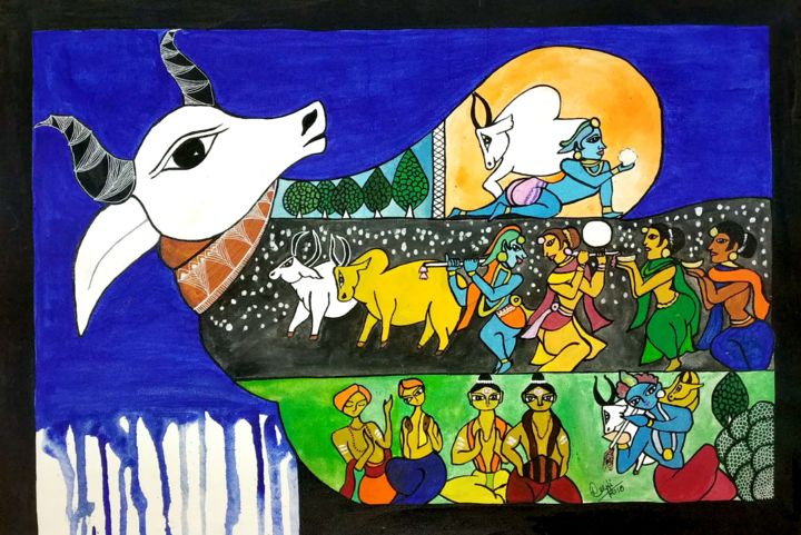 Pintura titulada "krishna-katha.jpg" por Deepti Tripathi, Obra de arte original, Acrílico