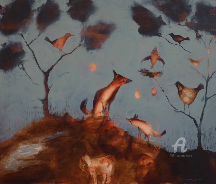 Картина под названием "The Fox and the Eggs" - Rai Escale, Подлинное произведение искусства, Масло