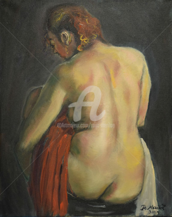 Painting titled "Back of a Lady with…" by Raija Merilä, Original Artwork, Oil