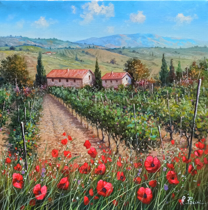 Painting titled "Flowering in the vi…" by Raimondo Pacini, Original Artwork, Oil Mounted on Wood Stretcher frame