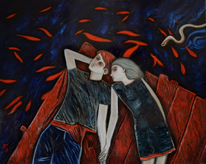 Malarstwo zatytułowany „Красные рыбы” autorstwa Берестов, Oryginalna praca, Olej