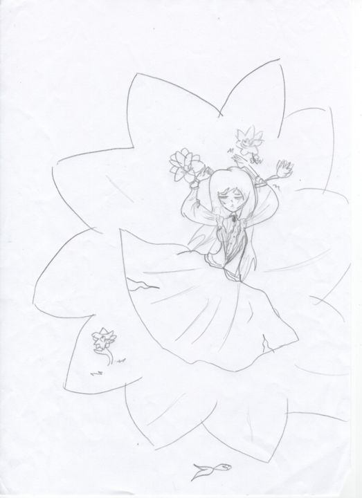 Dessin intitulée "La Fille à La Rose.…" par La Grenouille, Œuvre d'art originale, Crayon