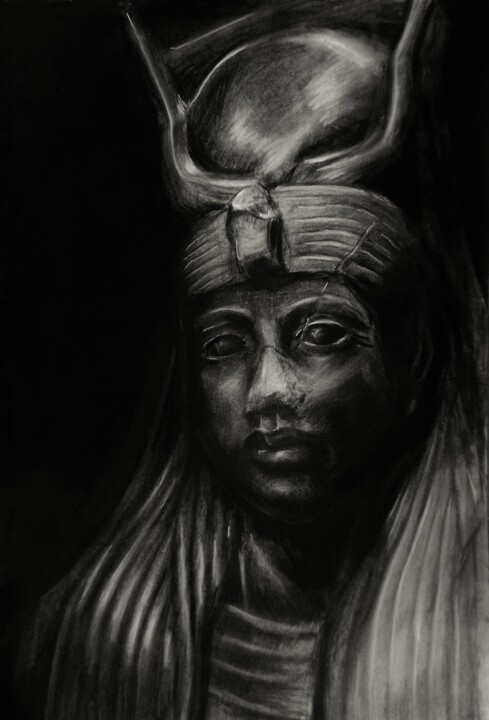 Drawing titled "Hathor" by Raisa Nikolaeva, Original Artwork, Charcoal