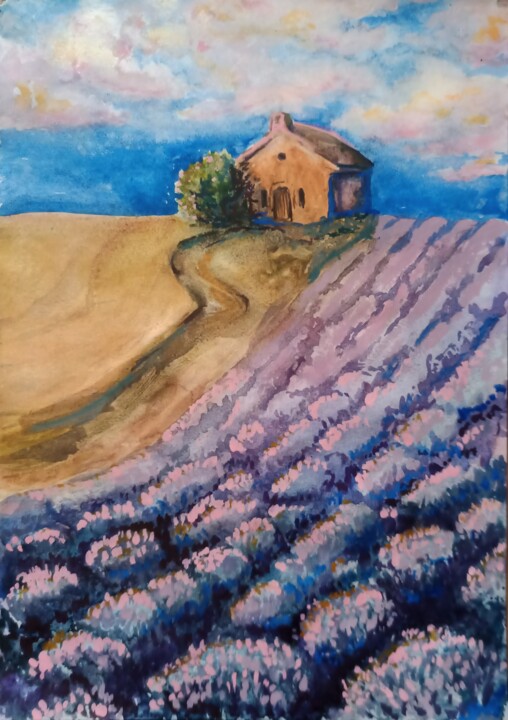 Painting titled "Aube sur la Provence" by Raisa Nikolaeva, Original Artwork, Watercolor