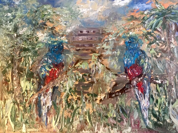 Pittura intitolato "Quetzal birds and m…" da Raissa Kagan, Opera d'arte originale, Olio