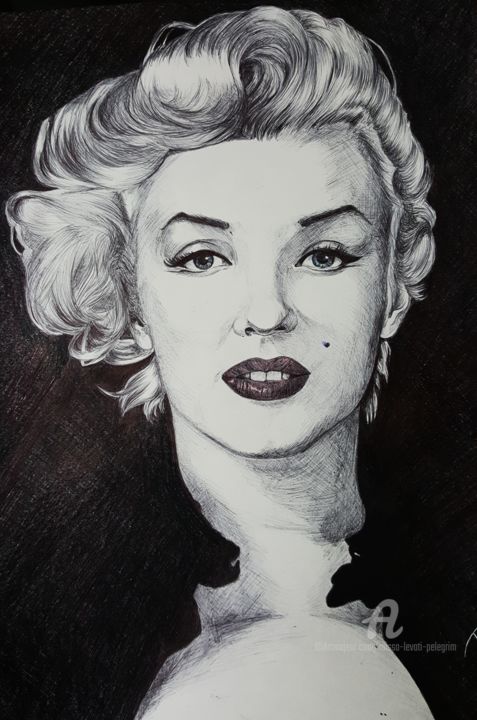 Drawing titled "The 50's beauty" by Raissa Levati Pelegrim, Original Artwork, Ballpoint pen Mounted on Other rigid panel