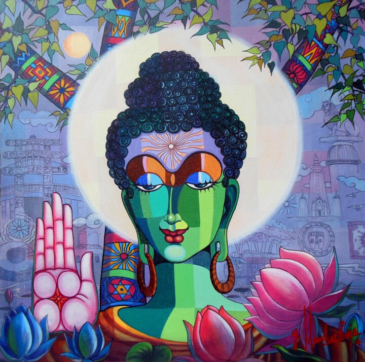 Peinture intitulée "Lord Buddha" par Raja G.Manohar, Œuvre d'art originale, Acrylique