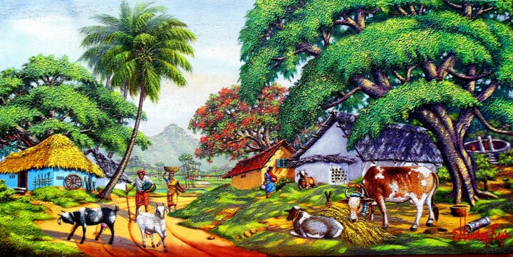 Painting titled "Village Scene" by Raja G.Manohar, Original Artwork, Acrylic