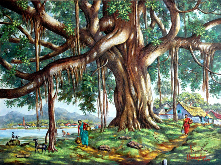 Painting titled "Banyan tree" by Raja G.Manohar, Original Artwork, Acrylic