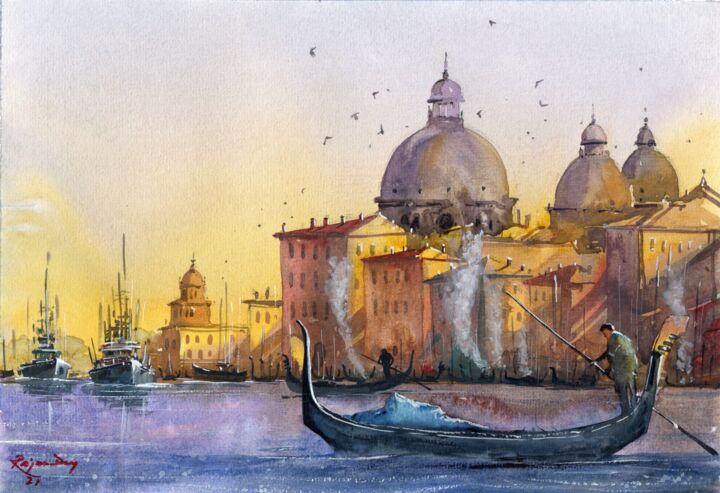 Painting titled "Sunset at Venice _01" by Rajan Dey, Original Artwork, Watercolor