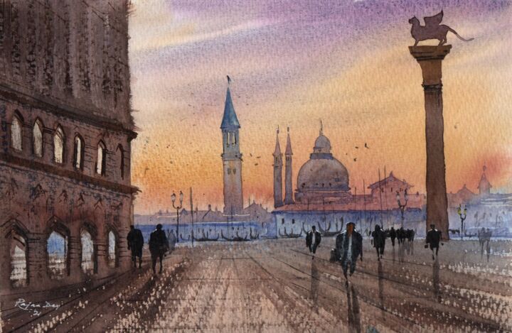 Painting titled "Venice sunset" by Rajan Dey, Original Artwork, Watercolor