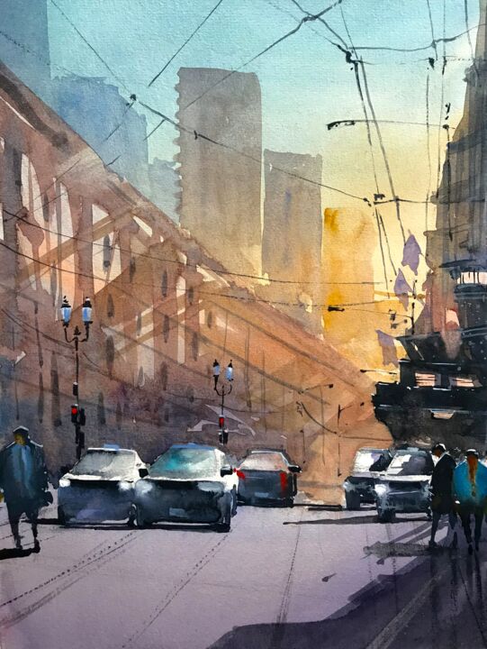 Pintura titulada "San Francisco Sunset" por Rajan Dey, Obra de arte original, Acuarela