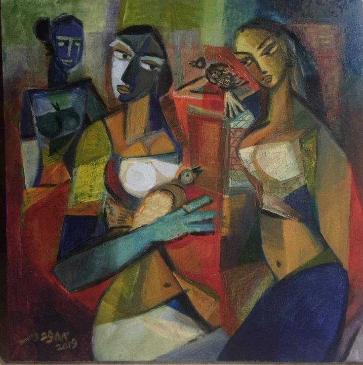 Schilderij getiteld "Women with birds" door Raja Segar, Origineel Kunstwerk, Olie