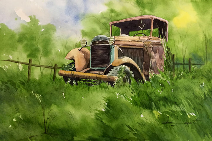 Painting titled "Abandoned Car" by Rajat Subhra Bandopadhyay, Original Artwork, Watercolor