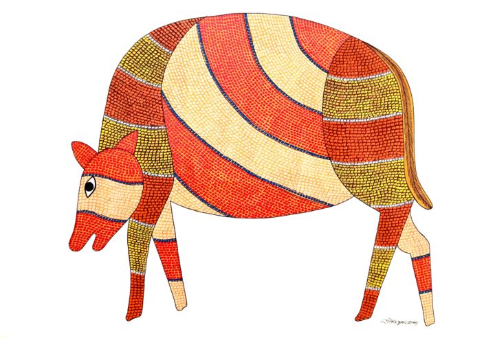 Картина под названием "Gond Painting16" - Rajendra Kumar Shyam, Подлинное произведение искусства, Акрил