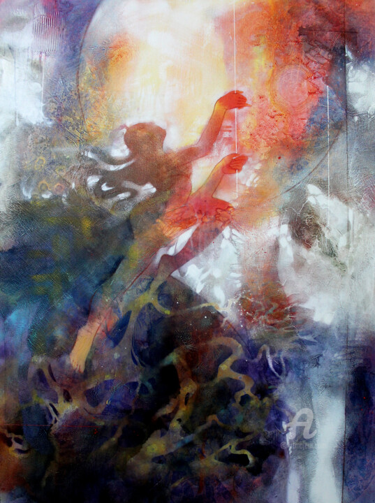 Картина под названием "Climbing the Rays" - Raj Maji, Подлинное произведение искусства, Акрил Установлен на Деревянная рама…