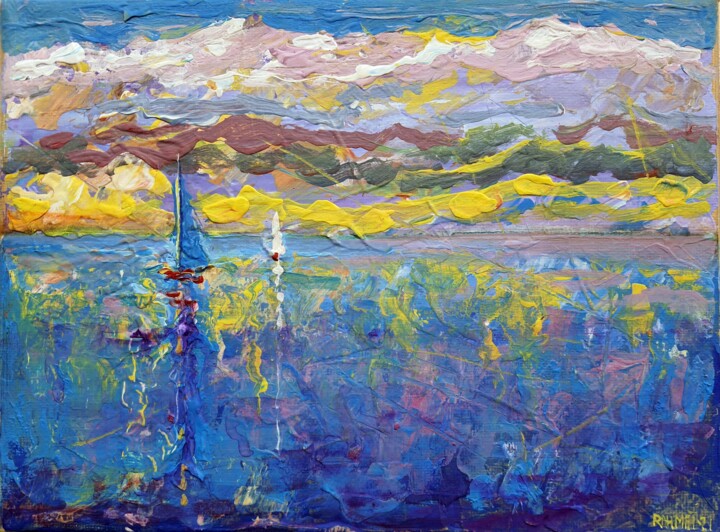 Painting titled "Sea and Mountains 2" by Rakhmet Redzhepov, Original Artwork, Acrylic Mounted on Wood Stretcher frame