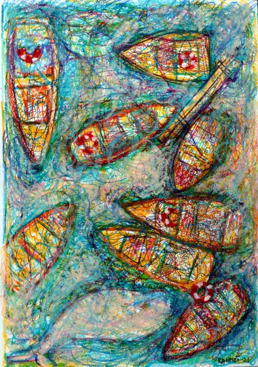 Drawing titled "Boats at the Pier." by Rakhmet Redzhepov, Original Artwork, Acrylic