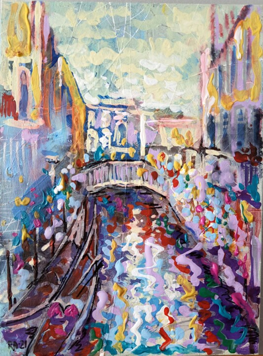 Pintura intitulada "Bridge in Venice." por Rakhmet Redzhepov, Obras de arte originais, Acrílico Montado em Cartão