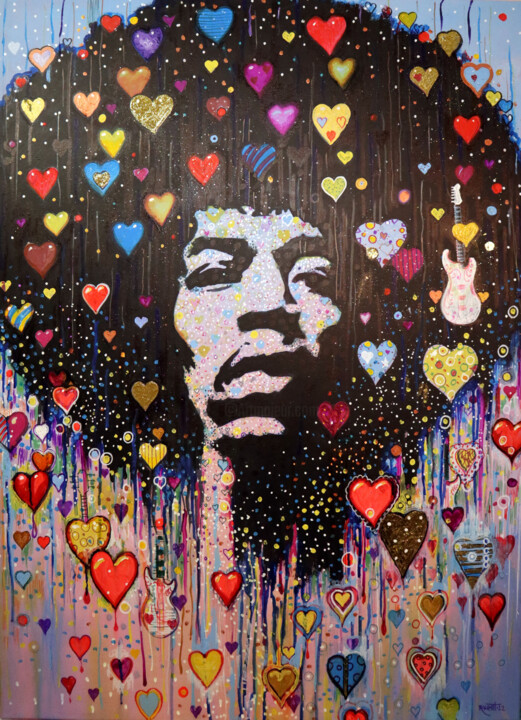 Malerei mit dem Titel "Jimi Hendrix ( 27.1…" von Rakhmet Redzhepov, Original-Kunstwerk, Acryl Auf Keilrahmen aus Holz montie…