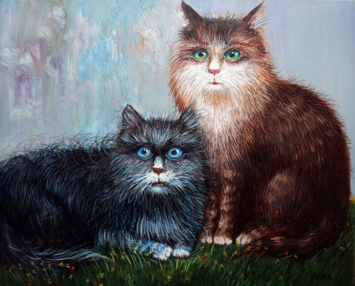 Painting titled "CATS" by Rakhmet Redzhepov, Original Artwork, Oil Mounted on Wood Stretcher frame