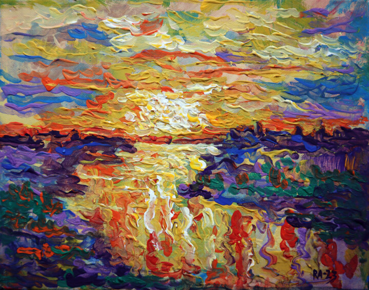 Painting titled "Evening River" by Rakhmet Redzhepov, Original Artwork, Oil Mounted on Wood Stretcher frame