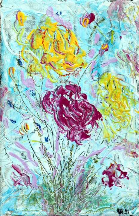 Painting titled "Flowers 15" by Rakhmet Redzhepov, Original Artwork, Oil Mounted on Cardboard
