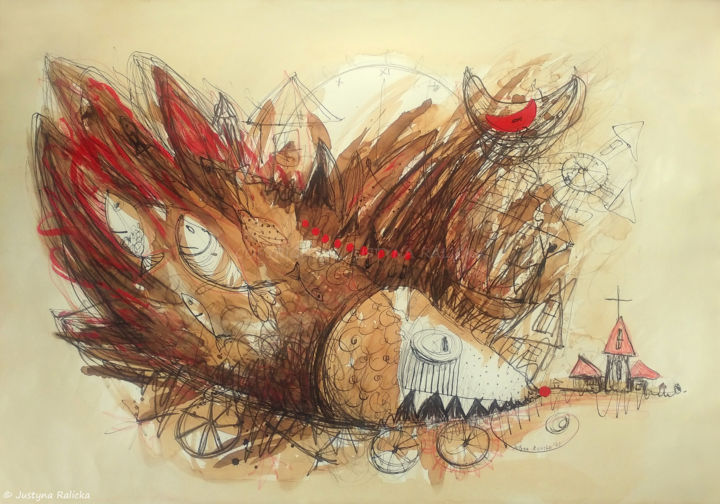 Desenho intitulada "Fish Town cont. I /…" por Justyna Ralicka, Obras de arte originais, Tinta