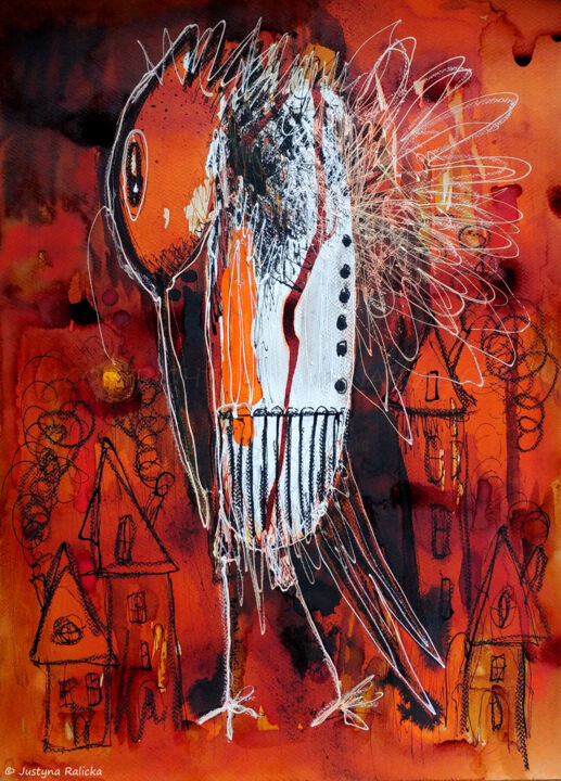Pintura intitulada "Red bird/Ptak czerw…" por Justyna Ralicka, Obras de arte originais, Acrílico