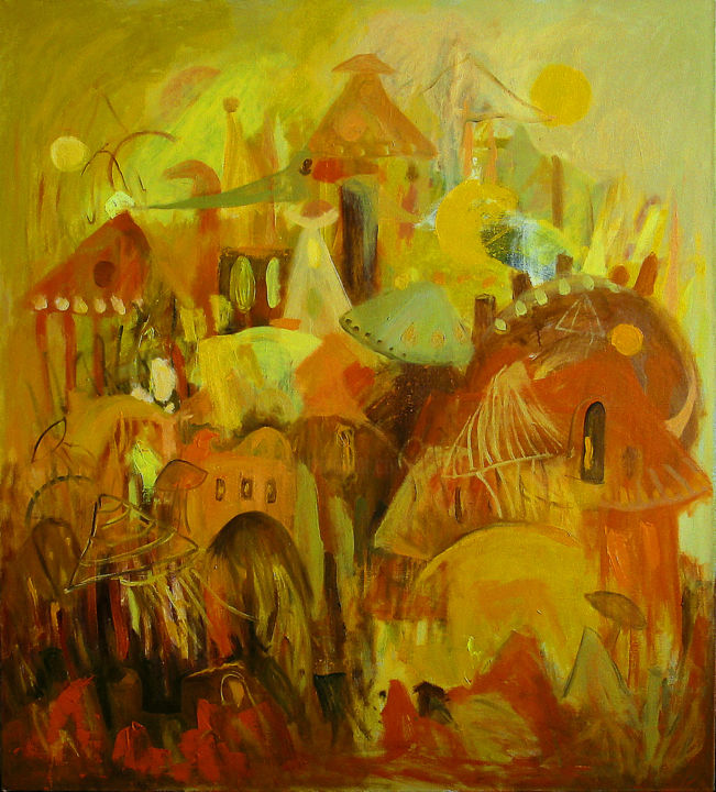 Painting titled "Birds Town / Ptasie…" by Justyna Ralicka, Original Artwork, Oil