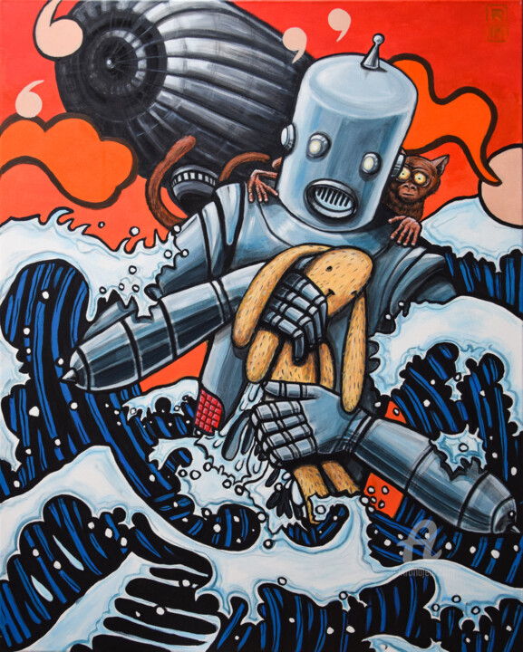 Malerei mit dem Titel "Robot and Water" von Ralph Hackeland, Original-Kunstwerk, Acryl