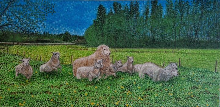 Pittura intitolato "Les moutons d'Émile" da Ralph Spegelaere, Opera d'arte originale, Olio
