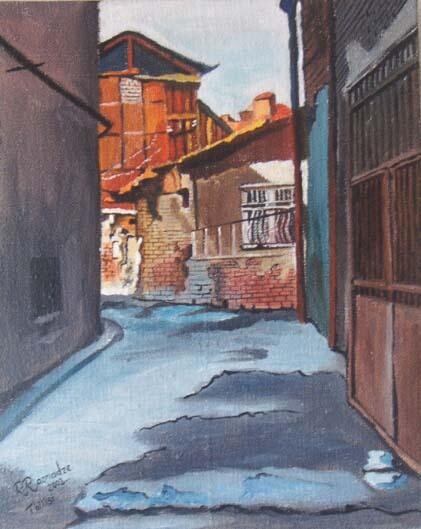 Painting titled "Old Tbilisi Yard" by Ramaz Razmadze, Original Artwork, Oil