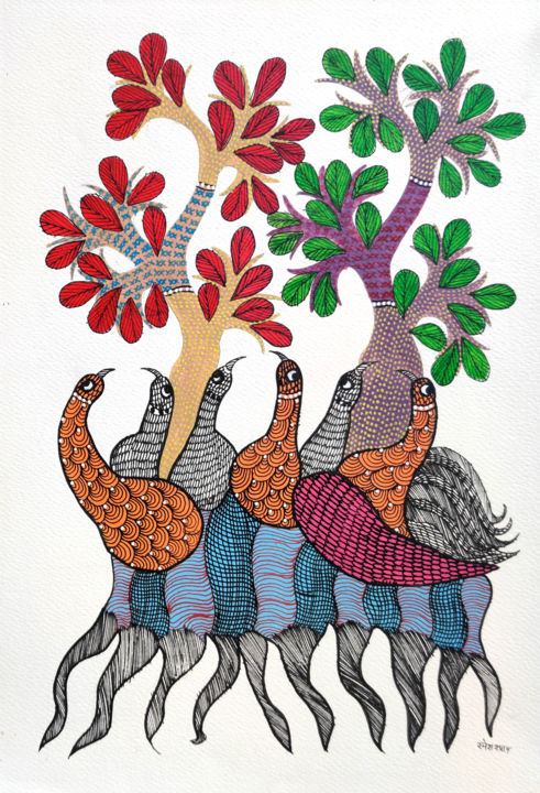 Painting titled "Gond Painting37" by Ramesh Shyam, Original Artwork, Acrylic