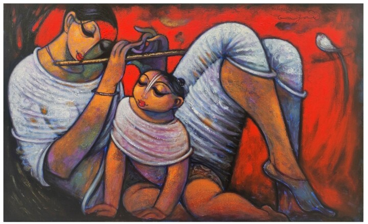 Картина под названием "Mother and child" - Ramesh Gujar, Подлинное произведение искусства, Акрил Установлен на Деревянная ра…