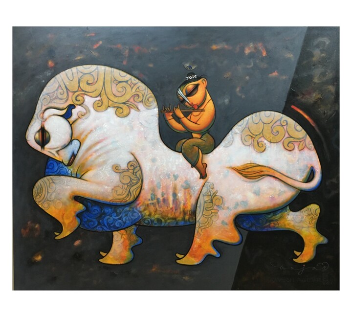 Картина под названием "Krishna with cow 50" - Ramesh Gujar, Подлинное произведение искусства, Акрил