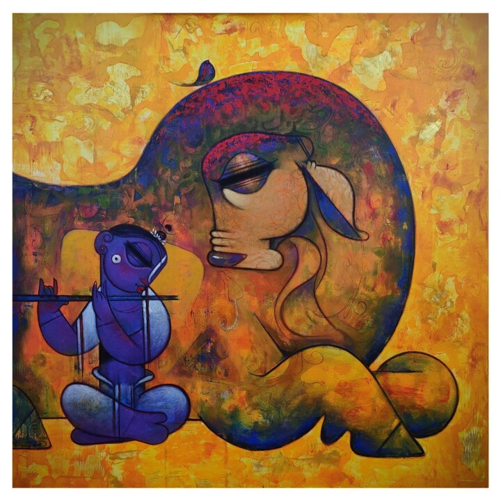 Картина под названием "Krishna with cow 51." - Ramesh Gujar, Подлинное произведение искусства, Акрил