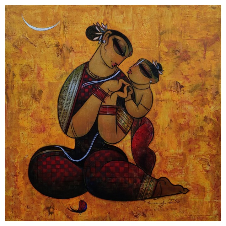Картина под названием "Mother and child.." - Ramesh Gujar, Подлинное произведение искусства, Акрил