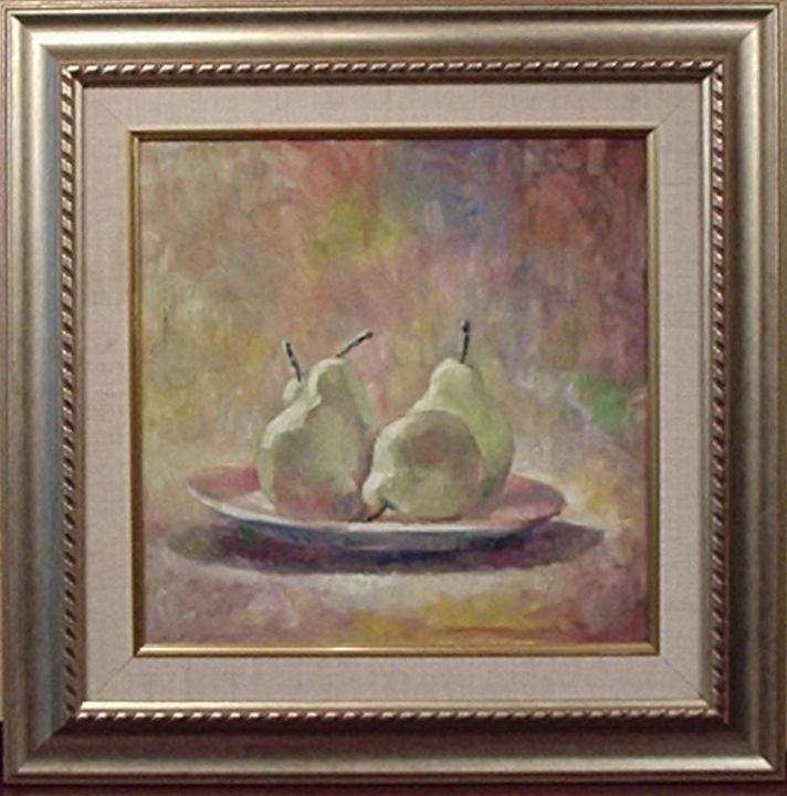 Painting titled "pears on a plate" by Ramesh Nambiar, Original Artwork, Oil