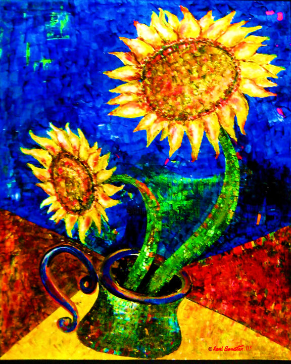 Pittura intitolato "Two Sunflowers in a…" da Rami Benatar, Opera d'arte originale, Olio