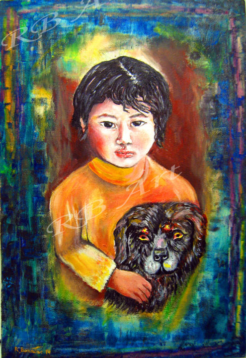 Pittura intitolato "Boy and his Dog" da Rami Benatar, Opera d'arte originale, Olio