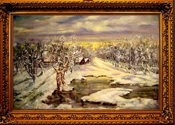 Pittura intitolato "winter evening" da Ramin Kerimov, Opera d'arte originale, Olio