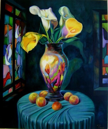 Painting titled "Still life with cal…" by Ramin Kerimov, Original Artwork, Oil