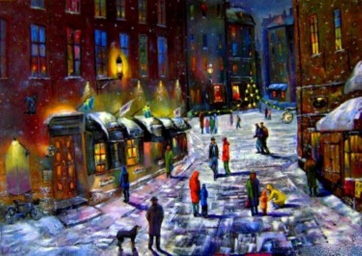 Schilderij getiteld "Gamla Stan in snow" door Ramin Kerimov, Origineel Kunstwerk, Olie