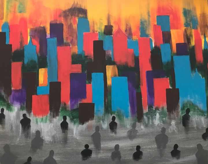 Painting titled "Cityscape" by Ram, Original Artwork, Acrylic