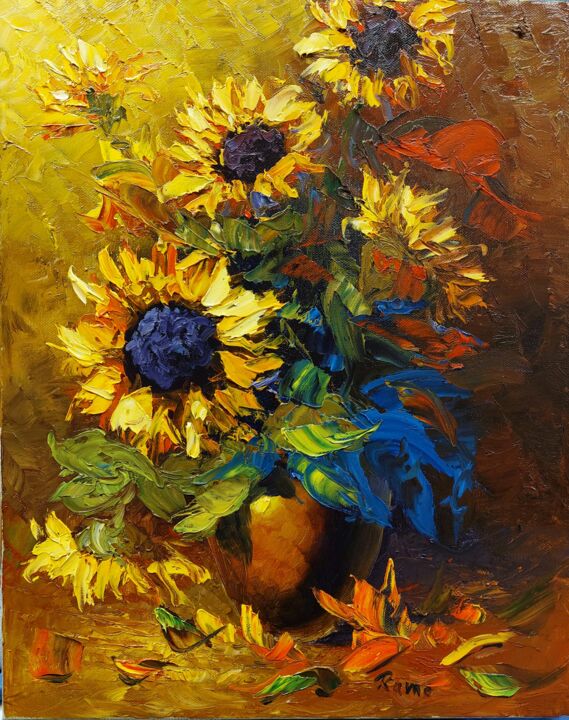 Painting titled "Sonne Blume" by Ramo Ram, Original Artwork, Oil