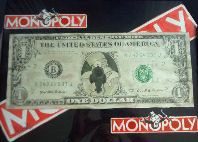 Painting titled "monopoly money" by Ramon Campos, Original Artwork, Oil