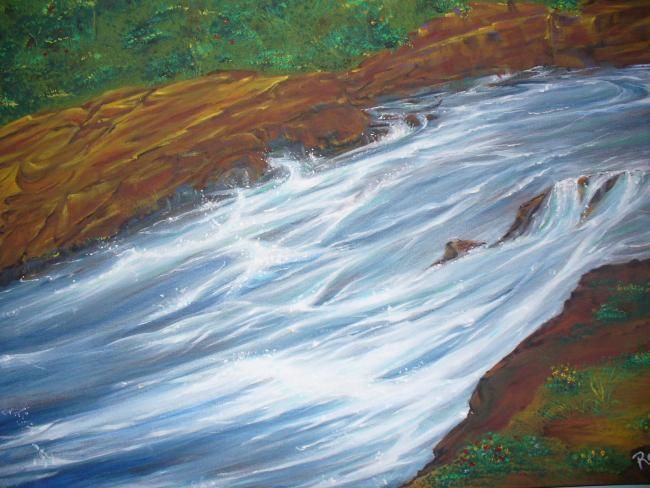 Painting titled "rushingriver" by Raza Mirza, Original Artwork, Oil