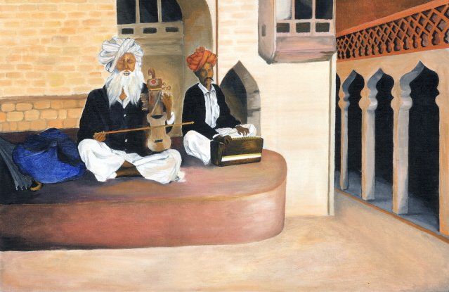 Painting titled "rajasthani musicians" by Ramya Kapula, Original Artwork, Oil