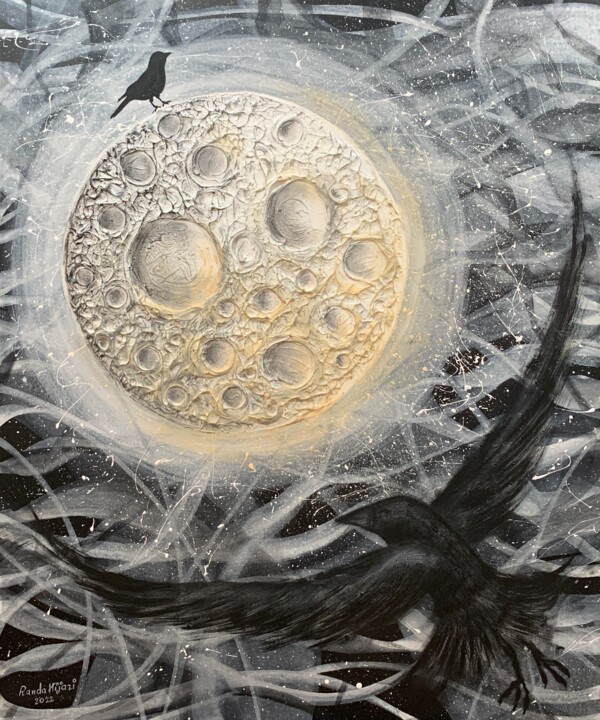 Schilderij getiteld "The dream moon" door Randa Hijazi, Origineel Kunstwerk, Acryl Gemonteerd op Frame voor houten brancard